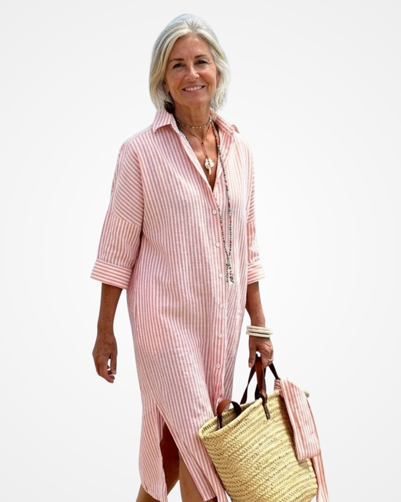 Corina | Vestido Camisero Maxi às Riscas Clássico